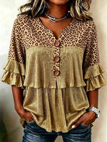 Women's Leopard Print Metallic Ruffle V Neck Blouse