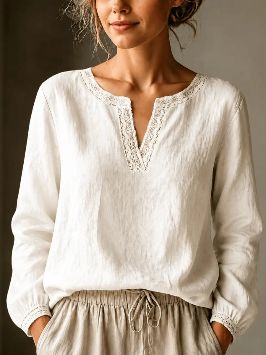 Elegant Linen-Blend Lace-Trim V-Neck Blouse