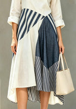 Color Block Stripe Patchwork Loose Art Stylish Casual Long Sleeve Midi Dress