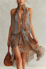 Women's Leopard Zip-Front High-Low Halter Dress