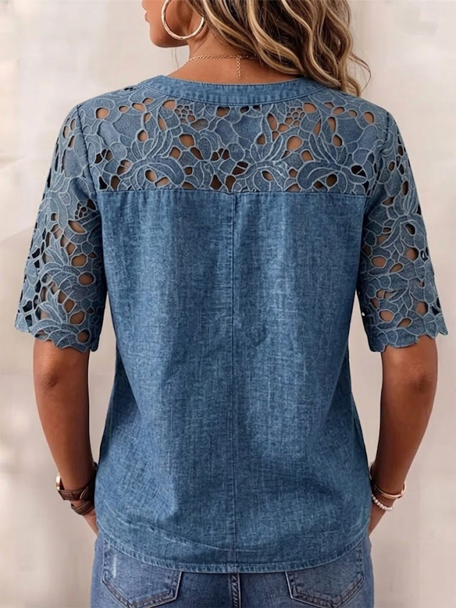 Washed Denim Loose-fit Top Featuring A V-neck, Partial Button Placket With Wooden Buttons, Cut-out Floral And Wavy Detailing On The Shoulders And Sleeves, And Elbow-length Sleeves