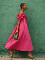 Elegant Hot Pink Off-shoulder Dress With Ruffled Collar