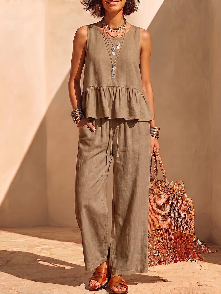 Women's Solid-color Cotton-linen Set: Sleeveless Round-neck Loose-fit Top & High-waisted Wide-leg Pants