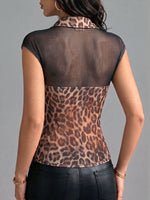 Women's Leopard Print Sleeveless Casual Loose Mesh-panel Top With Collar