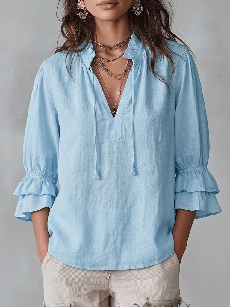 Casual Linen-cotton Shirt With Ruffle Details