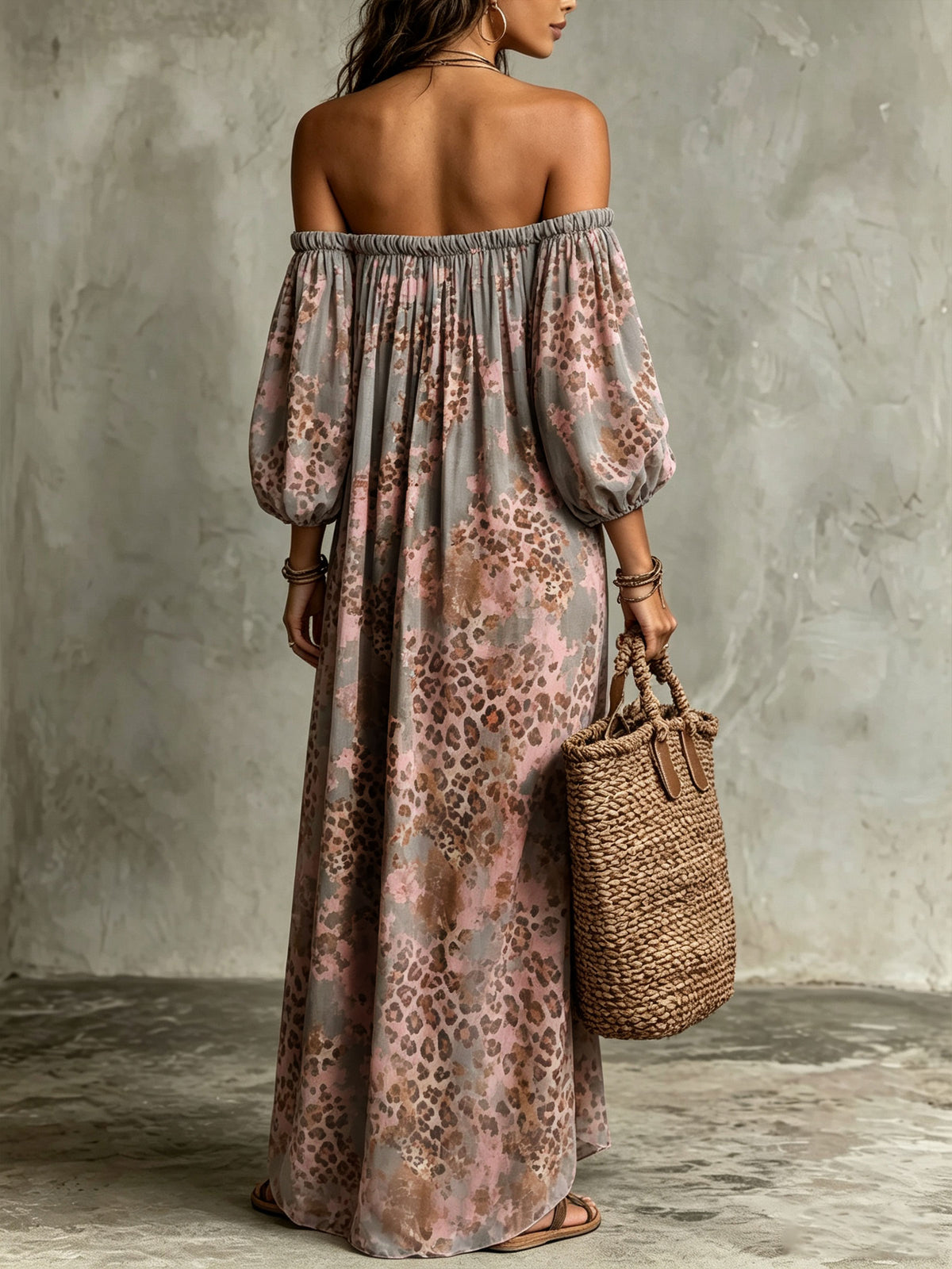 Women's Off Shoulder Puff Sleeve Pink Leopard Print Flowy Maxi Dress With Pockets