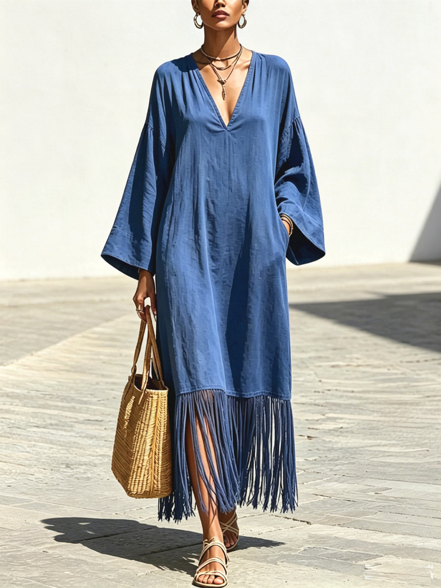 Women's Tassel Patchwork Loose Art Casual Stylish Long Sleeve Cotton Linen Dress