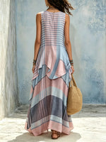 Women Pink Blue Contrast Horizontal Stripe Sleeveless Irregular Flowy Vacation Maxi Dress