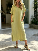 Women's Hooded Loose Art Casual Stylish Short Sleeve Cotton Linen Dress
