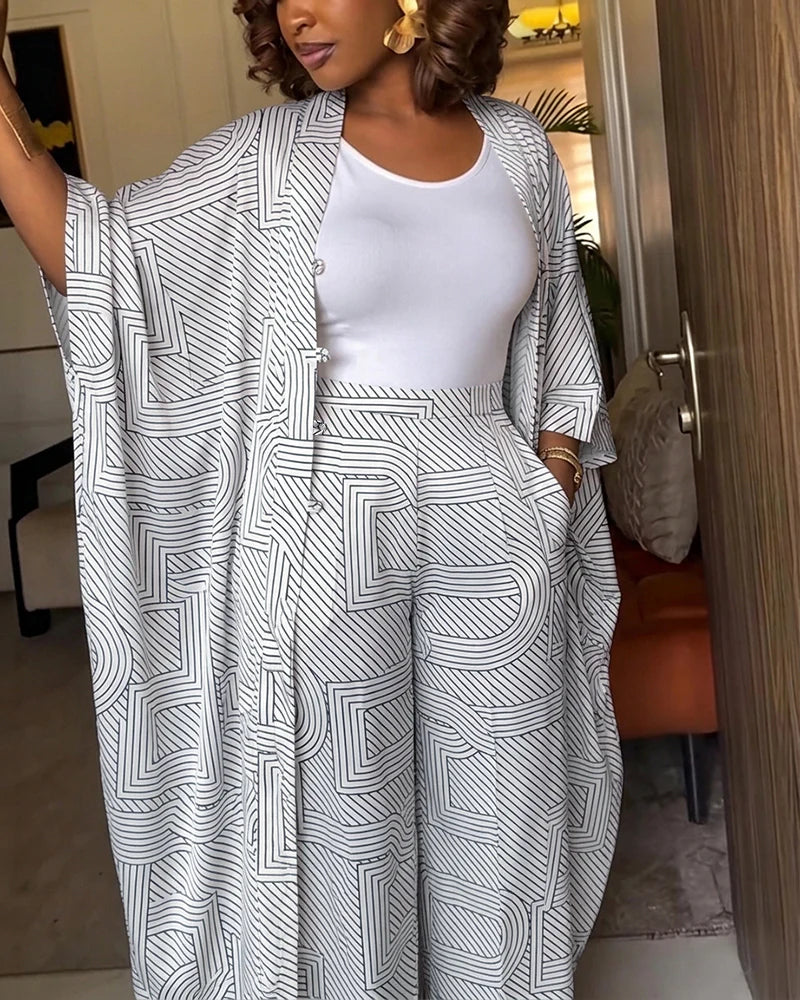 Loose-fit Casual Geometric Print Cardigan And Trousers Two-piece Set