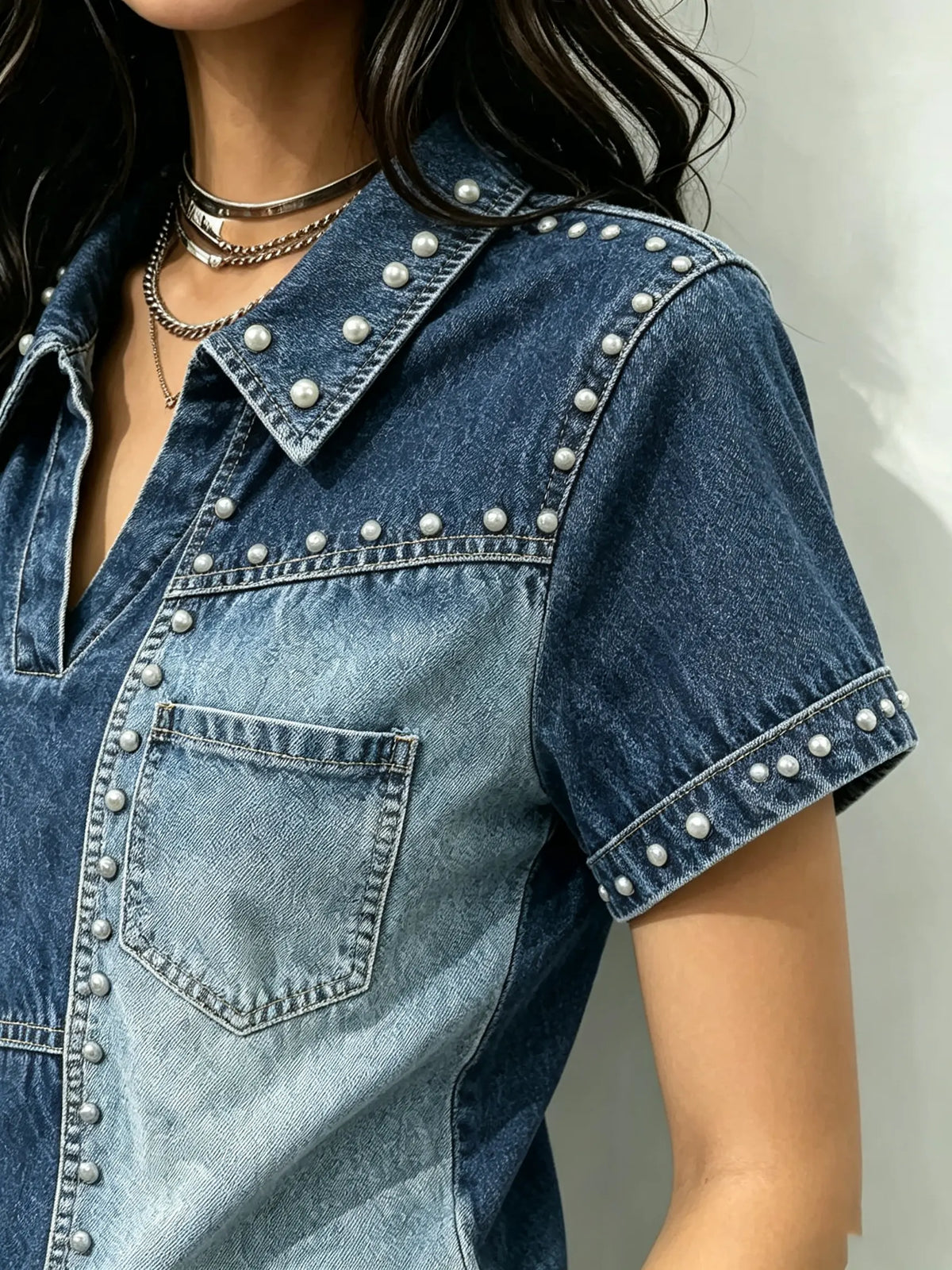 Women's Studded Patchwork Denim V-Neck Shirt