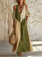 Women's Color Block Stripe Patchwork Cold Shoulder Maxi Dress