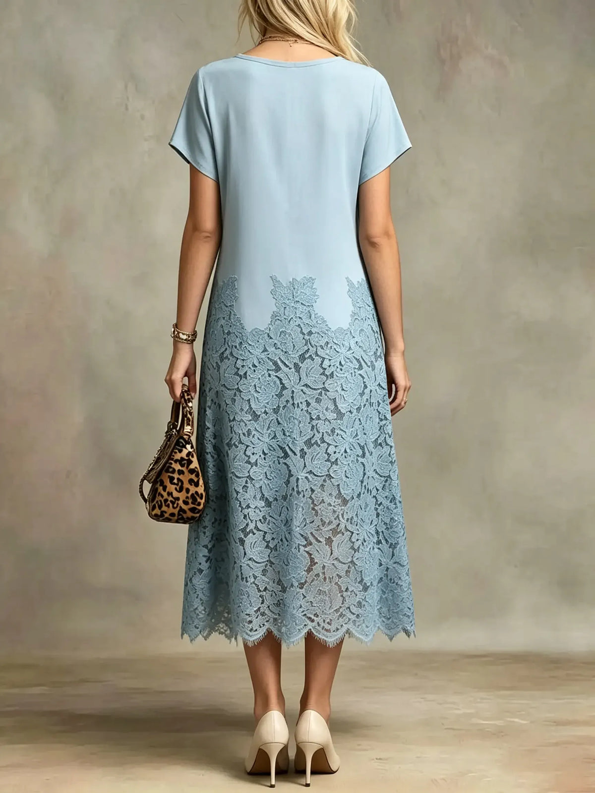Women's Solid Floral Lace Spliced Satin Midi Dress