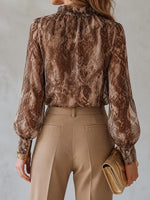 Lotus-leaf V-neck Snakeskin-print Chiffon Shirt