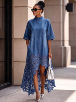 Elegant And Stylish Lightweight Denim Dress With Lace Hem