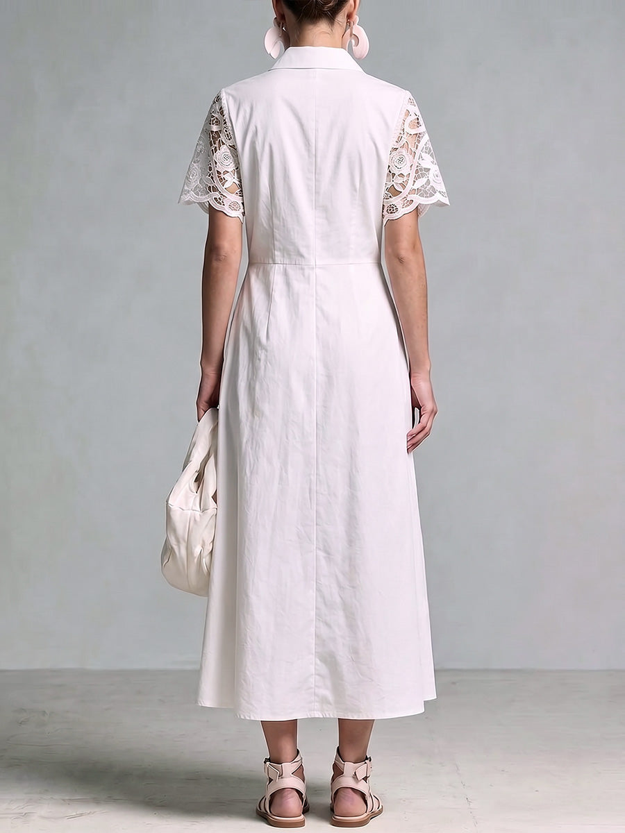 Women's Solid Color Lapel Short-sleeve Casual Loose Cotton-linen Shirt Dress