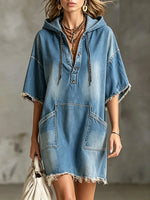 Women's Solid Washed Raw Edge Hooded Pocket Short Sleeve Denim Mini Dress
