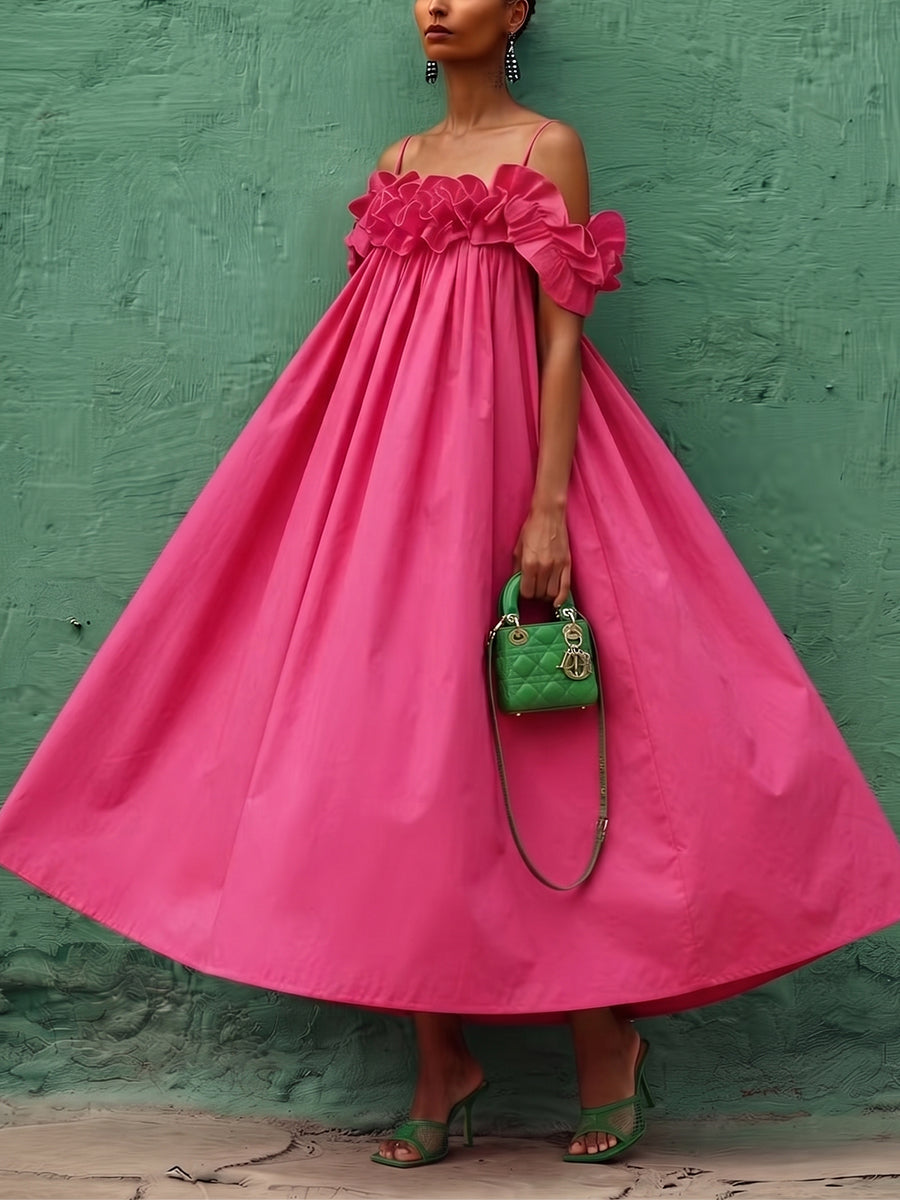 Elegant Hot Pink Off-shoulder Dress With Ruffled Collar