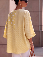 Sunny Yellow Striped And Polka-dot Patchwork Cotton-linen Top