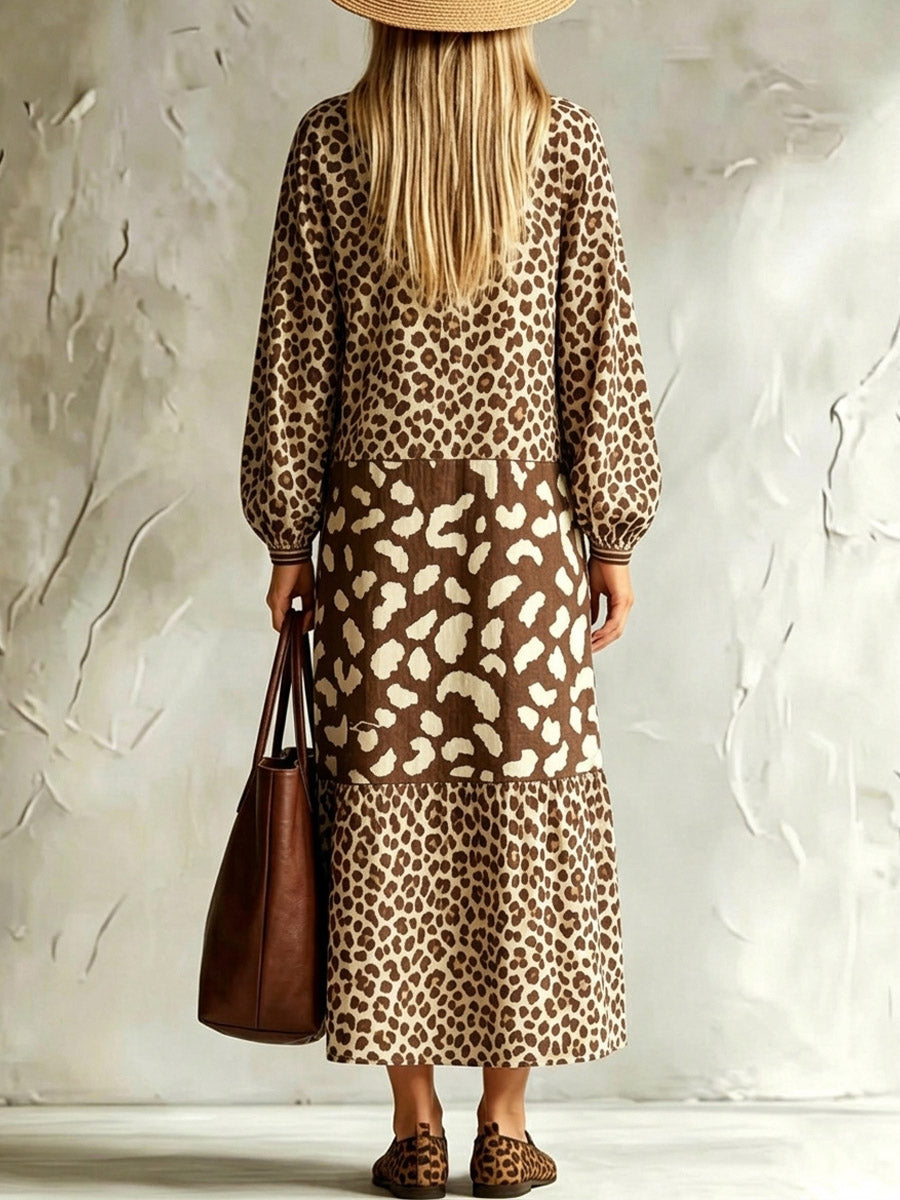 Women's Leopard Pattern Loose Art Casual Stylish Long Sleeve Dress