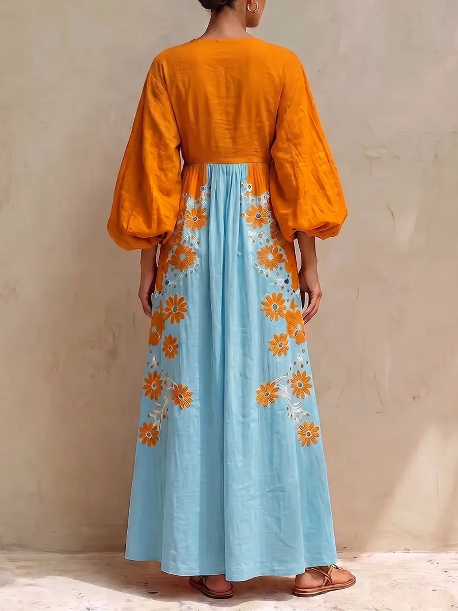 Bohemian Two-Tone Floral V-Neck Maxi Dress