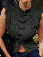 Elegant Chic Lace Hollow Sleeveless Art Casual Stand Collar Shirt