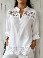 Women Solid Floral Eyelet Lace Stand Collar 3/4 Sleeve Loose Blouse