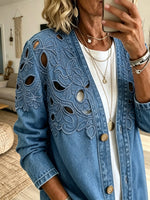 Women's Hollow Floral Embroidery Denim V Neck Long Sleeve Cardigan Jacket