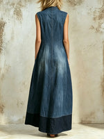 Women Denim Polka Dot Butterfly Applique Stand Collar Sleeveless Maxi Dress