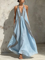 Women Contrast Vertical Stripe Patchwork Halter Flowy Maxi Dress