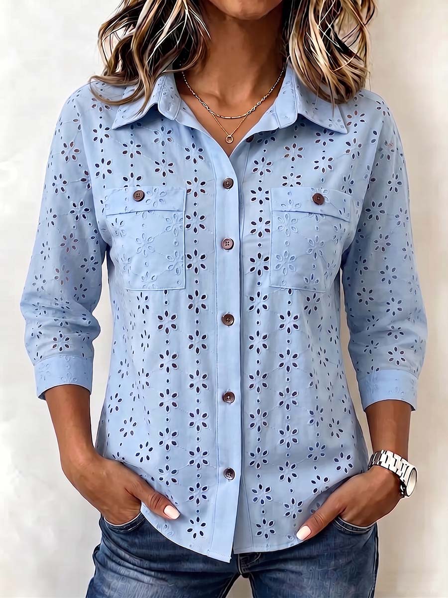 Women's Solid-color Collared 3/4 Sleeve Casual Loose Embroidered Cotton Shirt