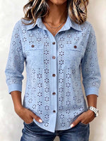 Women's Solid-color Collared 3/4 Sleeve Casual Loose Embroidered Cotton Shirt
