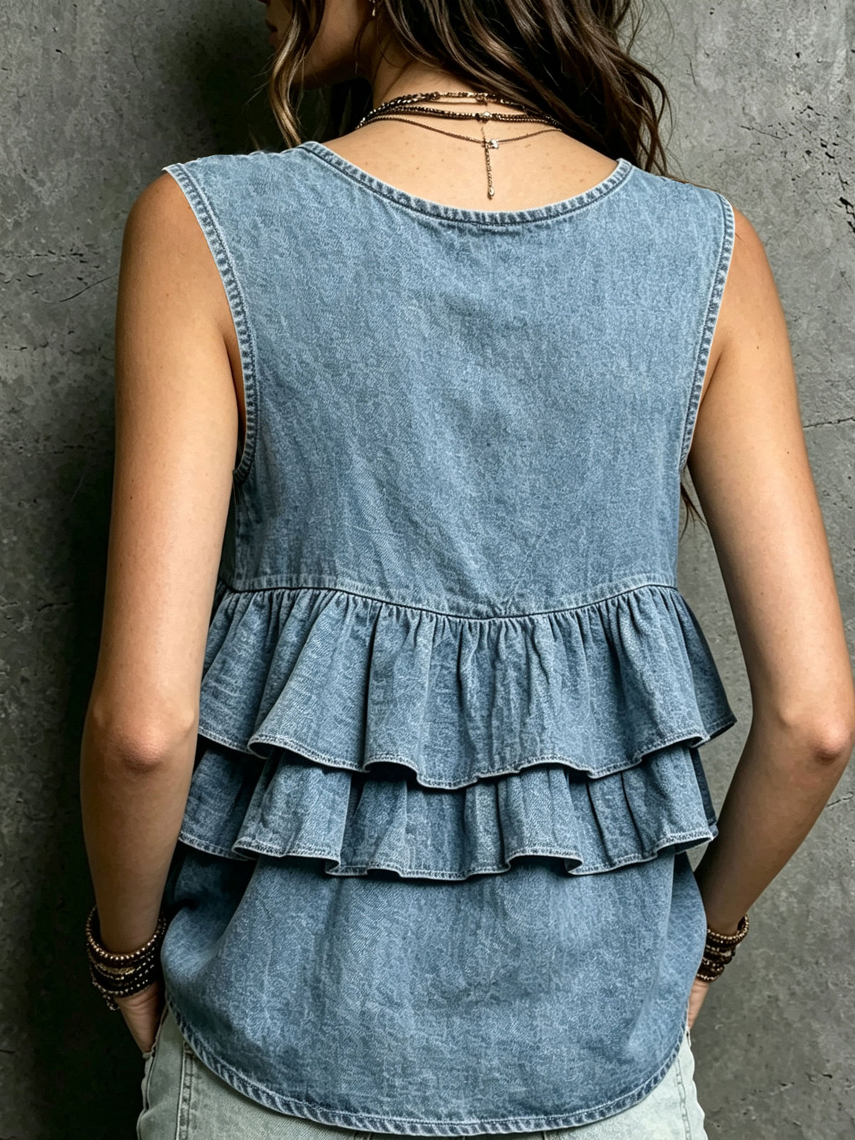 Women’s V Neck Tiered Ruffle Sleeveless Denim Tank Top