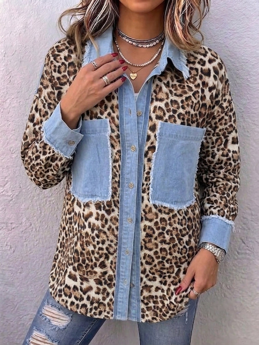 Relaxed-fit Casual Denim Shirt With Leopard-print Panels