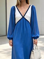 Chic Color Block V-Collar Loose Art Casual Long Sleeve Dress
