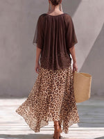 Women's Casual Loose Chiffon Top Round Neck 3/4 Sleeves And High-waisted Leopard Print A-line Skirt Set