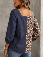 Stylish Square-neck Denim Shirt With Leopard Print Panels