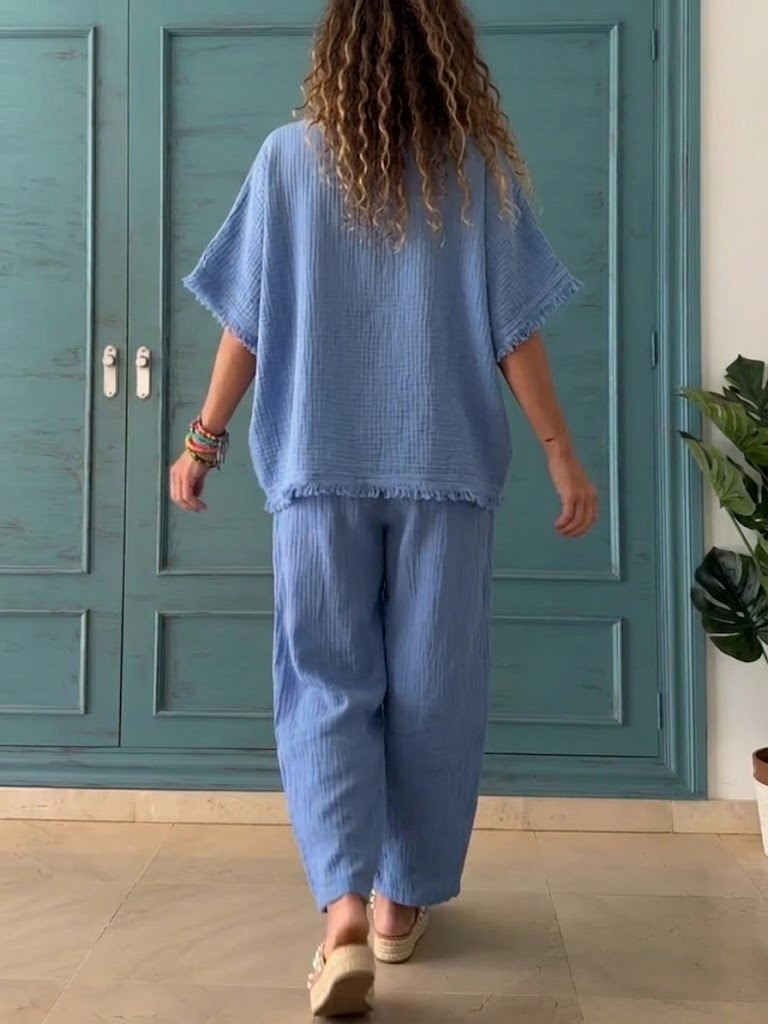 Casual Linen And Cotton Two-piece Set (top And Trousers)