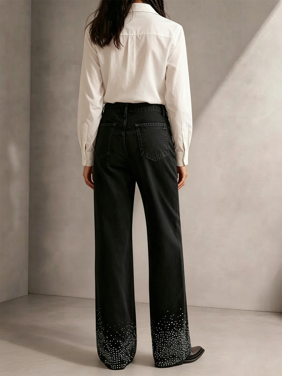 Loose-fit Straight-leg Stretch Denim Trousers With Rhinestone Embellishment