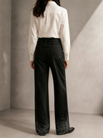 Loose-fit Straight-leg Stretch Denim Trousers With Rhinestone Embellishment