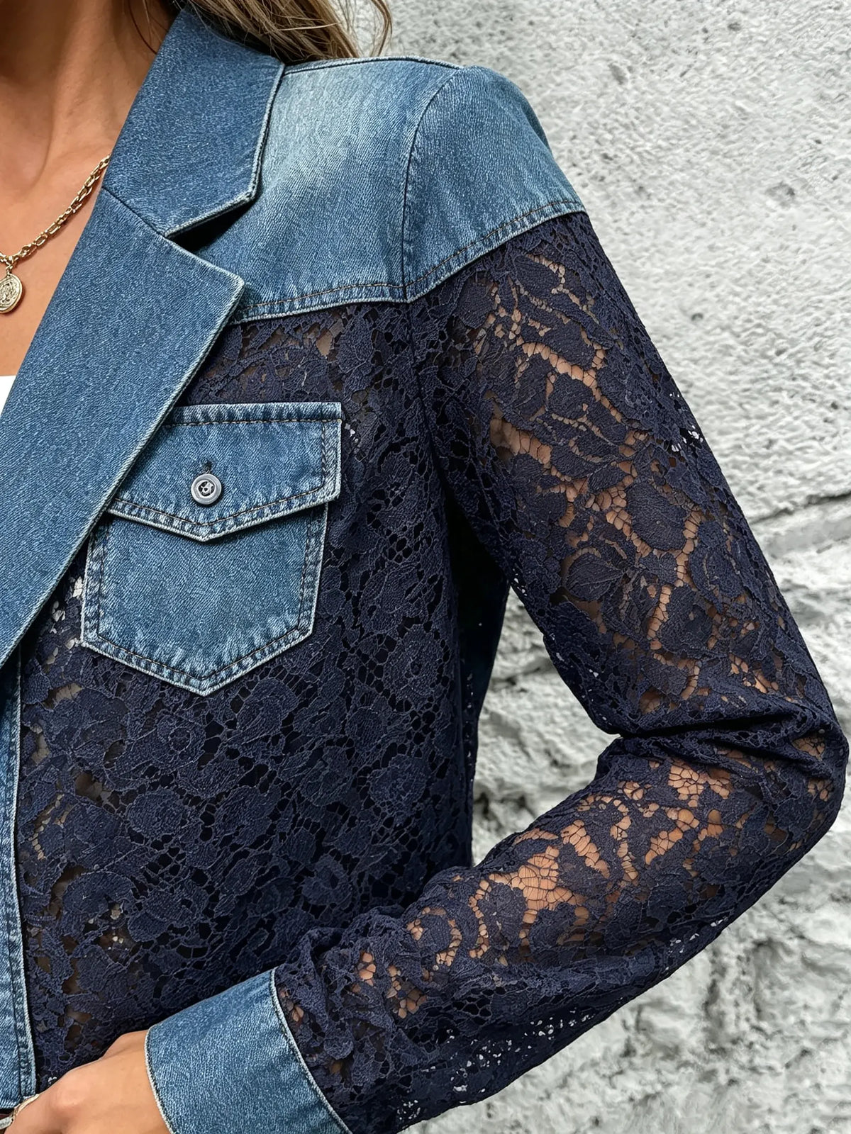 Women's Solid Hollow Lace Spliced Denim Cropped Blazer Jacket